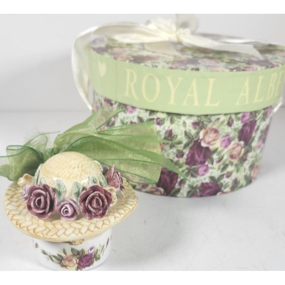 Royal Albert Old Country Roses Trinket Box Porcelain Straw Hat Treasure NIB C